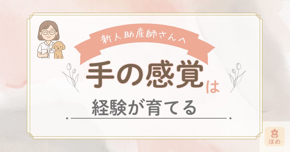 新人助産師さんへの応援メッセージ「手の感覚は経験が育てる」と書かれたイラスト。白衣姿のmiuちゃんと茶色のトイプードルが描かれている。